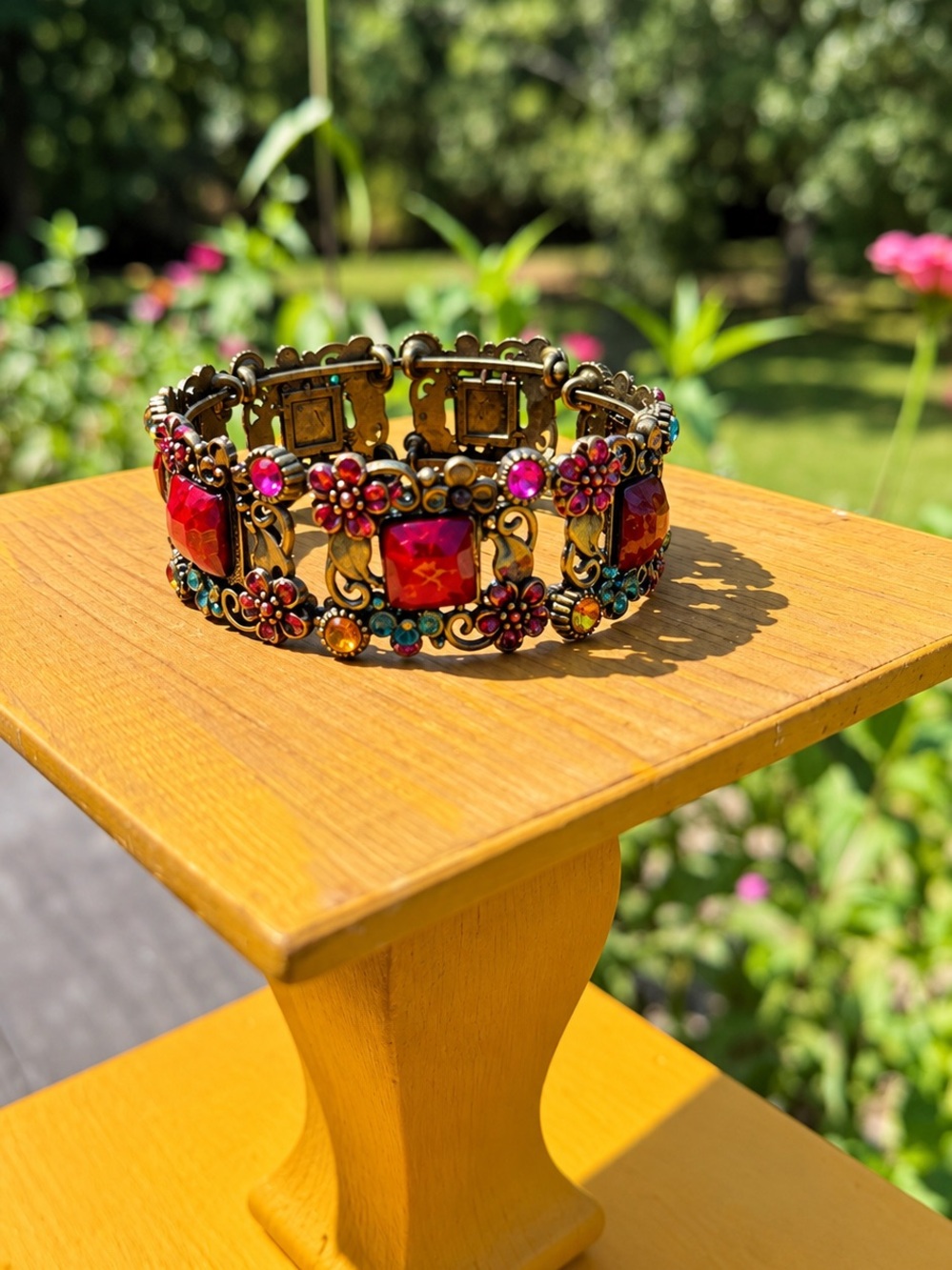 Vintage Copper Tone Rhinestone Cabochon Statement Bracelet